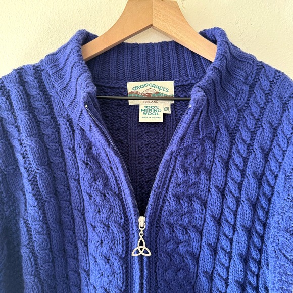 Aran Crafts Ireland Merino Wool Cable Knit Zip Cardigan Sweater XXL - Picture 1 of 4